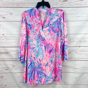 Lilly Pulitzer Esme Swim Cover Tunic Top Light Pascha Pink Aquadesiac 3/4 Sleeve